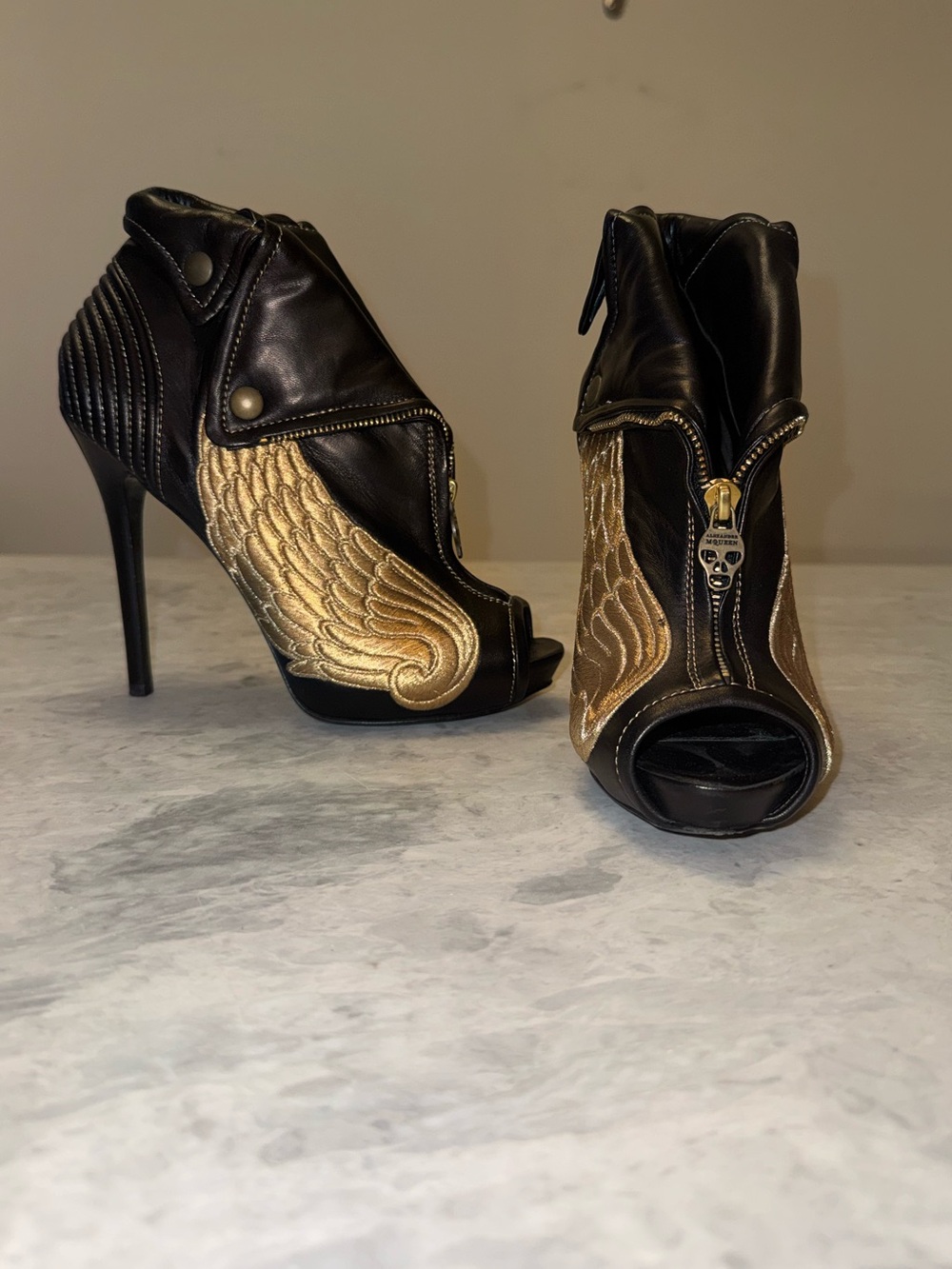 Alexander McQueen Vintage Black Leather Biker Peep-Toe Booties with Gold Embroid